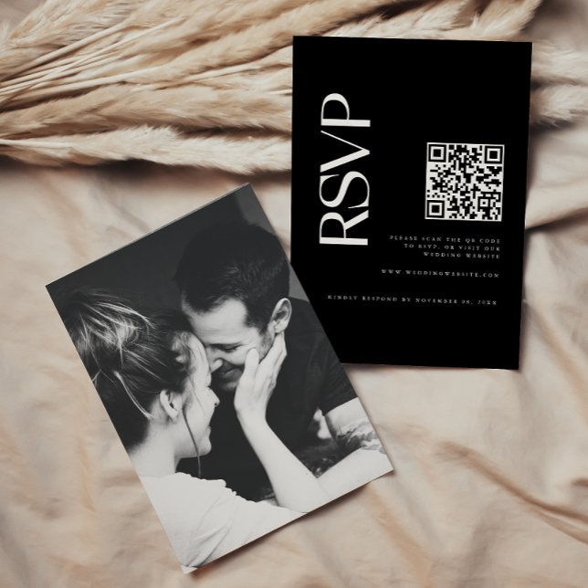 Modern Black QR Code Wedding Photo RSVP Card (Creator Uploaded)