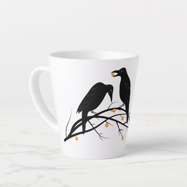 Modern Black Ravens Minimalist Pattern Latte Mug (Left Angle)