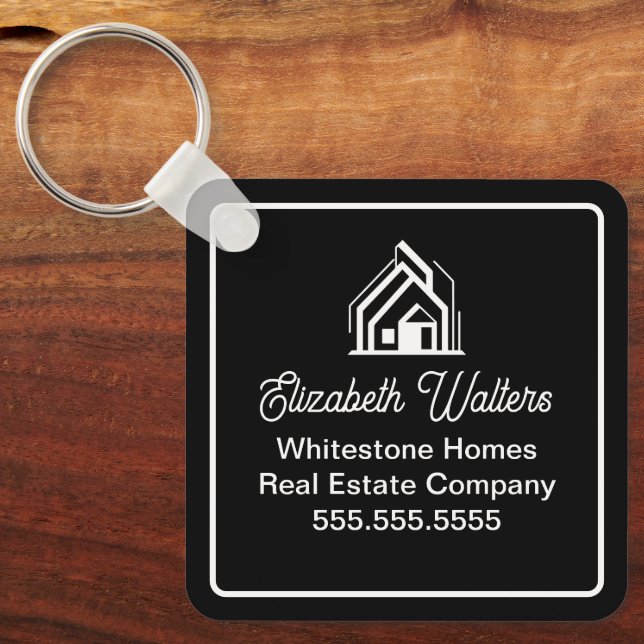 Modern Black Real Estate Company Custom Realtor Key Ring (Front)