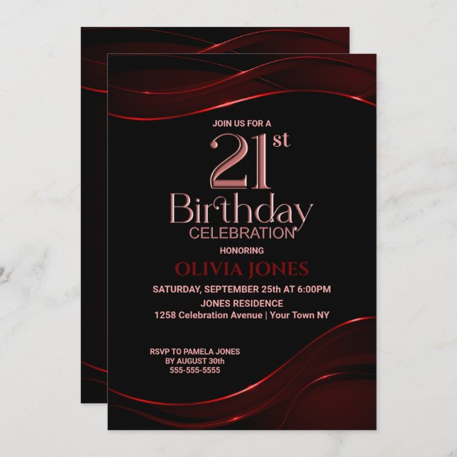 Modern Black Red 21st Birthday Party Invitation (Front/Back)