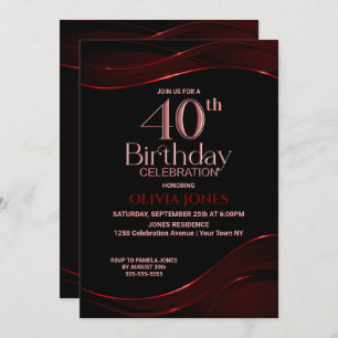 Modern Black Red 40th Birthday Party Invitation