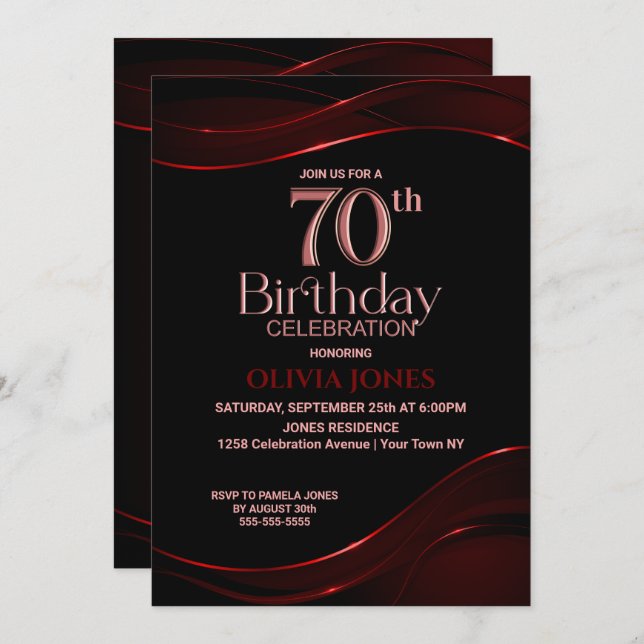 Modern Black Red 70th Birthday Party Invitation (Front/Back)