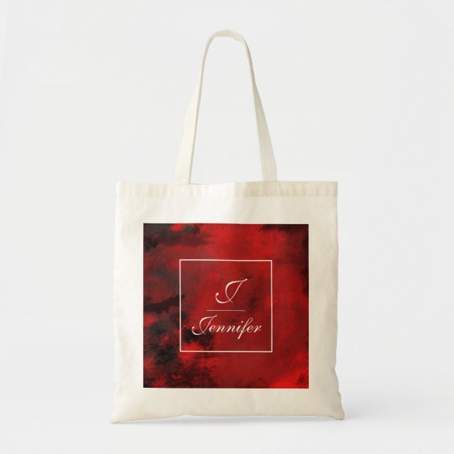 Modern Black & Red Abstract - Monogram Tote Bag (Front)