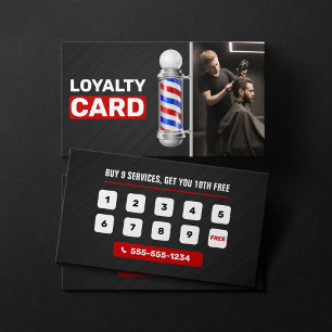 Modern Black & Red Barber Shop Pole Hair Stylist Loyalty Card