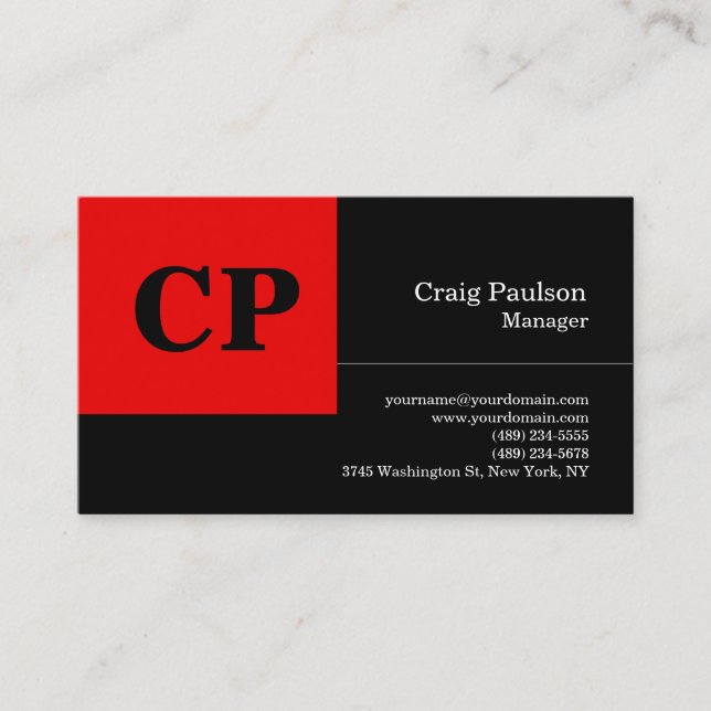 Modern Black Red Bold MonogramProfessional Plain Business Card (Front)