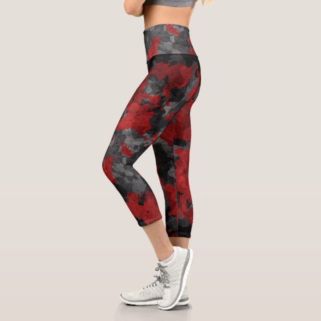 Modern Black Red Camo High Waisted Capri Leggings (Left)