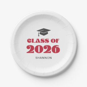 Modern Black Red Class of 2026 Paper Plates
