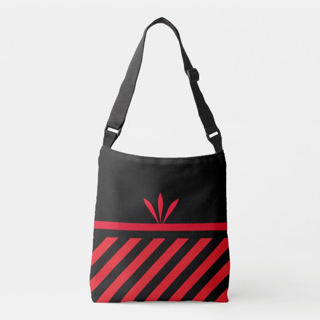 Modern Black & Red Diagonal Stripes with Feathers Crossbody Bag (Front)