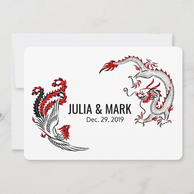 Modern Black Red Dragon-Phoenix Chinese Wedding Invitation (Front)
