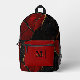 Modern Black Red & Gold Monogram Name  Printed Backpack