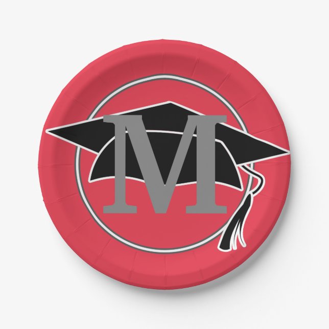 Modern Black Red Graduation Monogram Initial Paper Plate (Front)