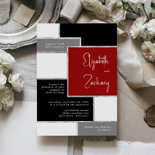 Modern Black Red Grey Silver Wedding Invitation