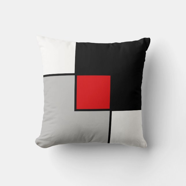 Modern Black Red Grey Squares Cushion (Front)