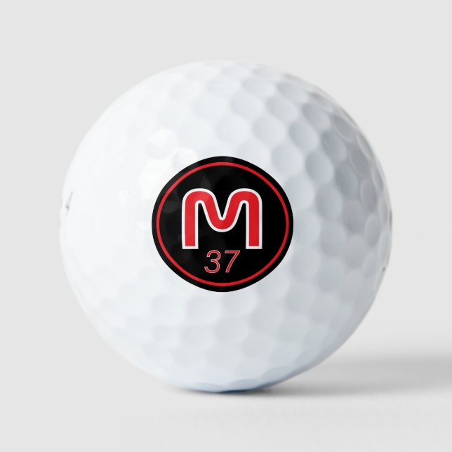 Modern Black Red Monogram with His Age Golf Balls (Front)