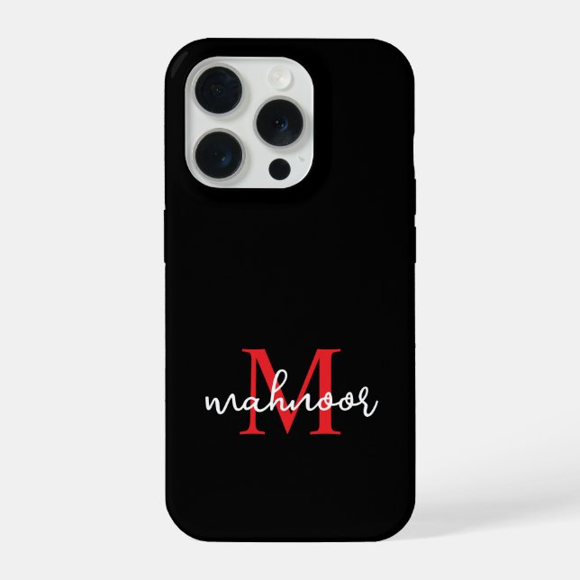Modern Black Red Personalised Monogram Phone Case (Back)