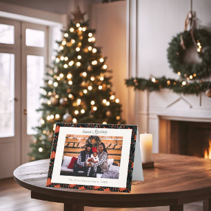 Modern Black & Red Poinsettia Photo Christmas Card