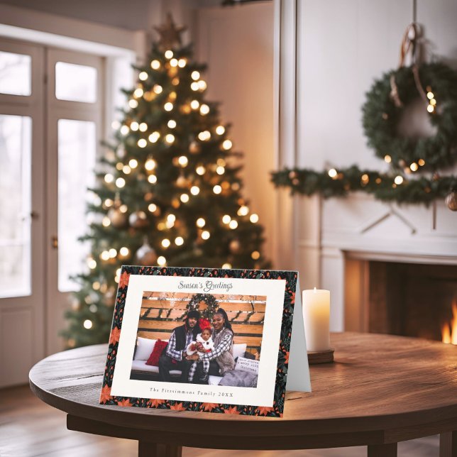 Modern Black & Red Poinsettia Photo Christmas Card (Poinsettia Season Folded Photo Christmas Card black)