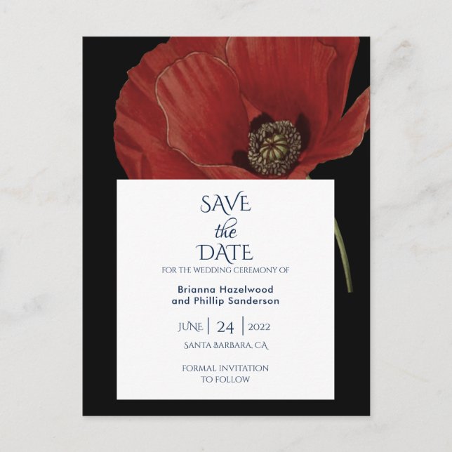 Modern Black Red Poppy Wedding Save The Date Announcement Postcard (Front)