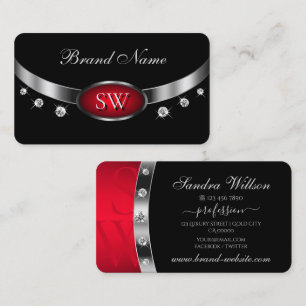 Modern Black Red Silver with Monogram and Diamonds Business Card