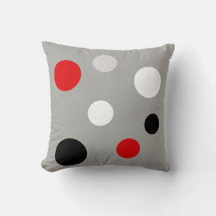 Modern Black Red White Circles on Grey Cushion