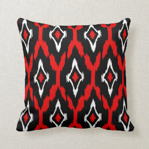 Modern black red white Ikat Tribal Pattern 1a Cushion
