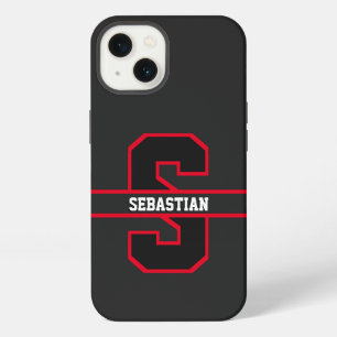 Modern Black Red White Personalised Monogram iPhone 13 Case