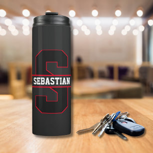 Modern Black Red White Personalised Monogram Thermal Tumbler