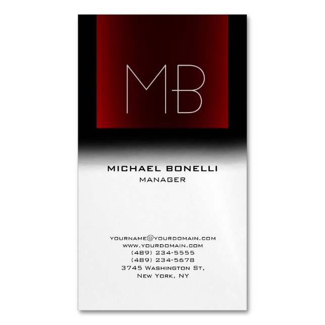 Modern black red white stylish monogrammed 	Magnetic business card (Front Vertical)