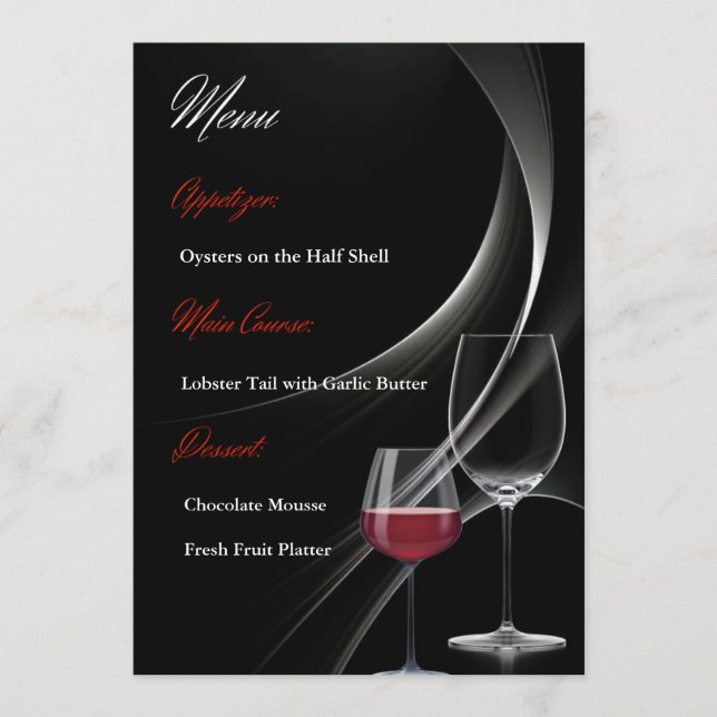 Modern Black & Red Wine Glass Wedding Menu Card (Front)