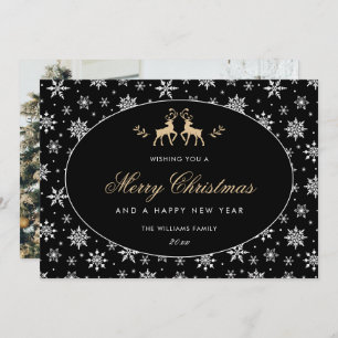 Modern Black Reindeer Snowflake Photo Holiday Card