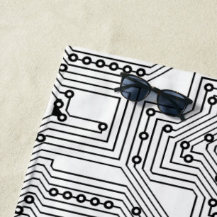 Modern Black Retro Computer Circuit Board Pattern Beach Towel