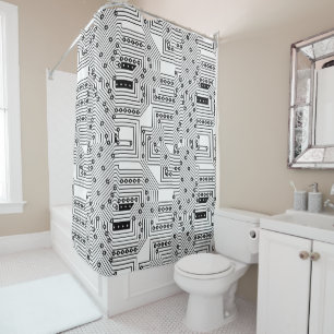Modern Black Retro Computer Circuit Board Pattern Shower Curtain