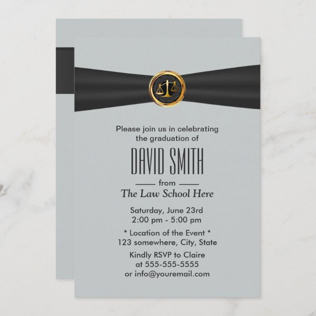 Modern Black Ribbon Silver Law School Graduation Invitation (Front/Back)