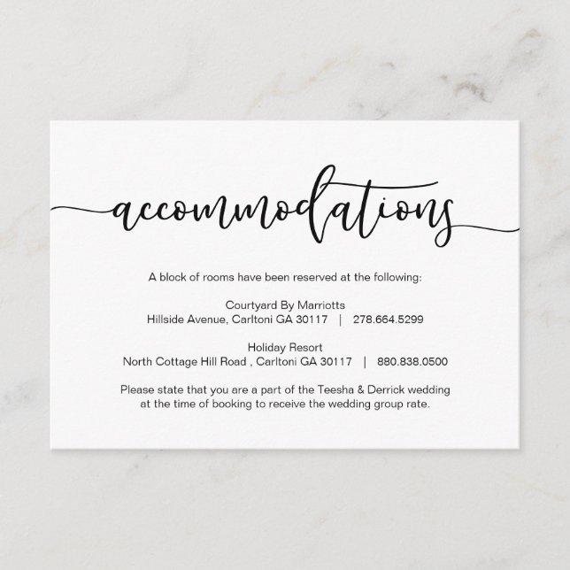 Modern Black romantic font, Accommodations, hotels Enclosure Card (Front)