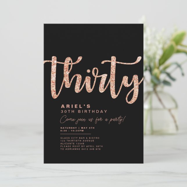 Modern Black & Rose Gold 30th Birthday Invitation (Standing Front)