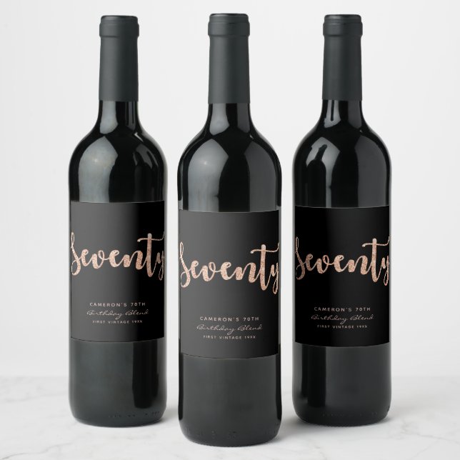 Modern Black Rose Gold 70th Birthday Personalised Wine Label (Bottles)