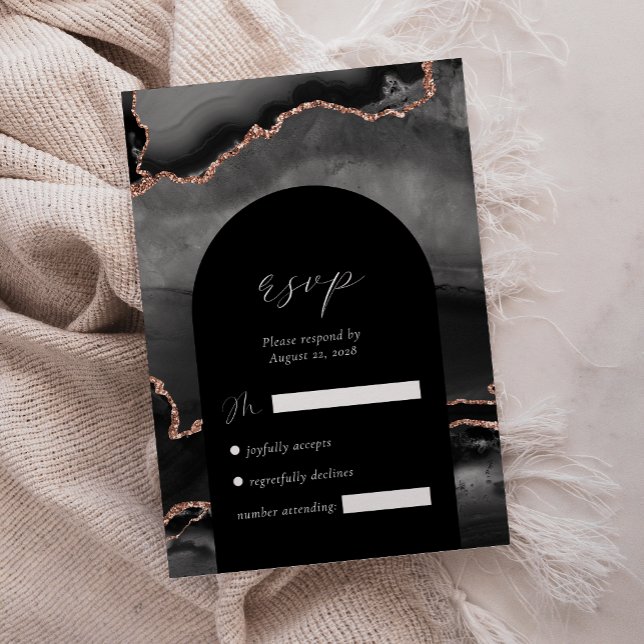Modern Black Rose Gold Agate Arch Wedding RSVP Card (Creator Uploaded)