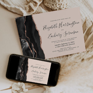 Modern Black Rose Gold Agate Blush Wedding Invitation