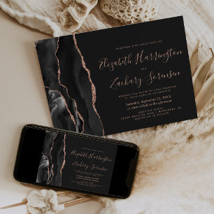Modern Black Rose Gold Agate Dark Wedding Invitation