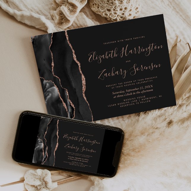 Modern Black Rose Gold Agate Dark Wedding Invitation (Creator Uploaded)