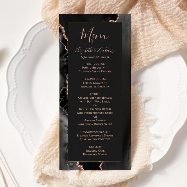 Modern Black Rose Gold Agate Dark Wedding Menu (Creator Uploaded)
