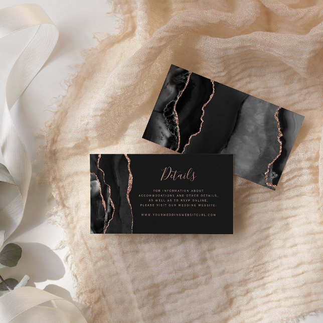Modern Black Rose Gold Agate Dark Wedding Website Enclosure Card (Creator Uploaded)