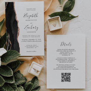 Modern Black Rose Gold Agate QR Code Wedding Invitation