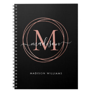 Modern Black Rose Gold Blush Pink Monogram Circle Notebook