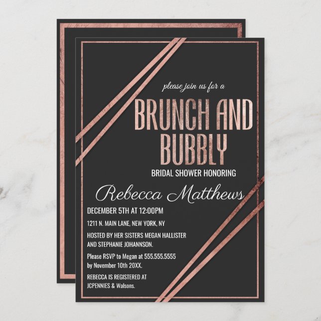 Modern Black Rose Gold Chic Linear Brunch Bubbly Invitation (Front/Back)