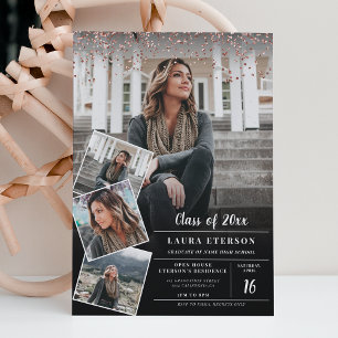 Modern black rose gold confetti photo graduation invitation