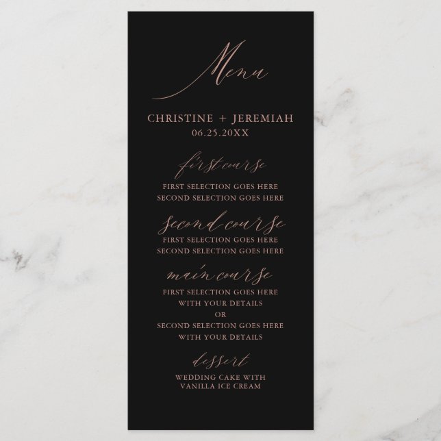 Modern Black Rose Gold Elegant Script Wedding Menu (Front)