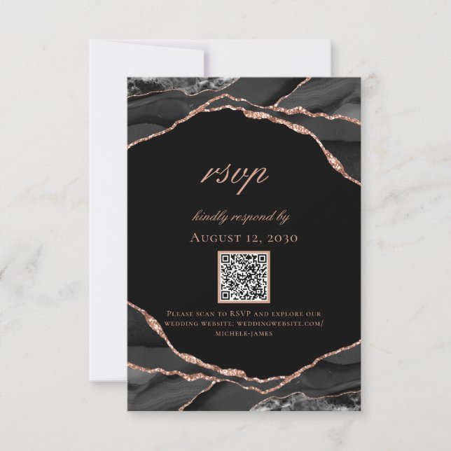 Modern Black Rose Gold Foil Agate Wedding RSVP Card (Front)
