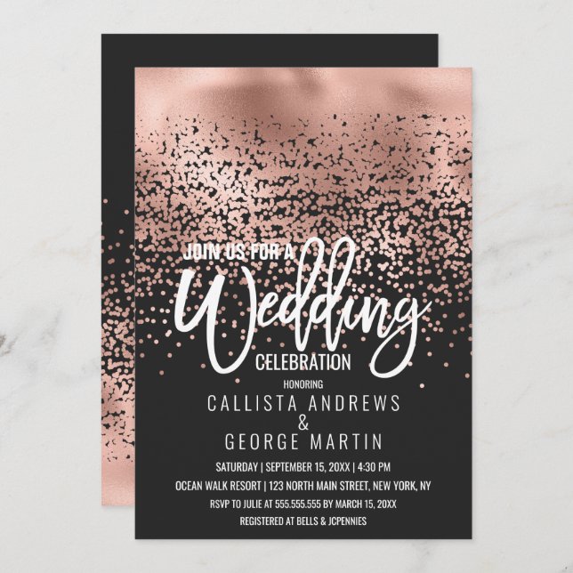 Modern Black Rose Gold Foil Confetti Ombre Wedding Invitation (Front/Back)