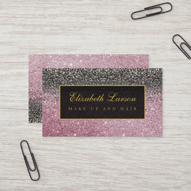 Modern Black Rose Gold Glitter Beauty Makeup Business Card (Front/Back In Situ)